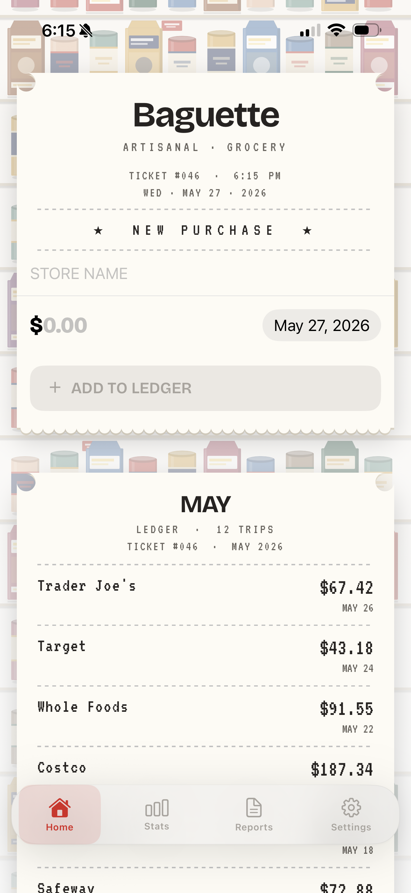 Baguette — adding a grocery purchase to the ledger, with the month's trips listed below