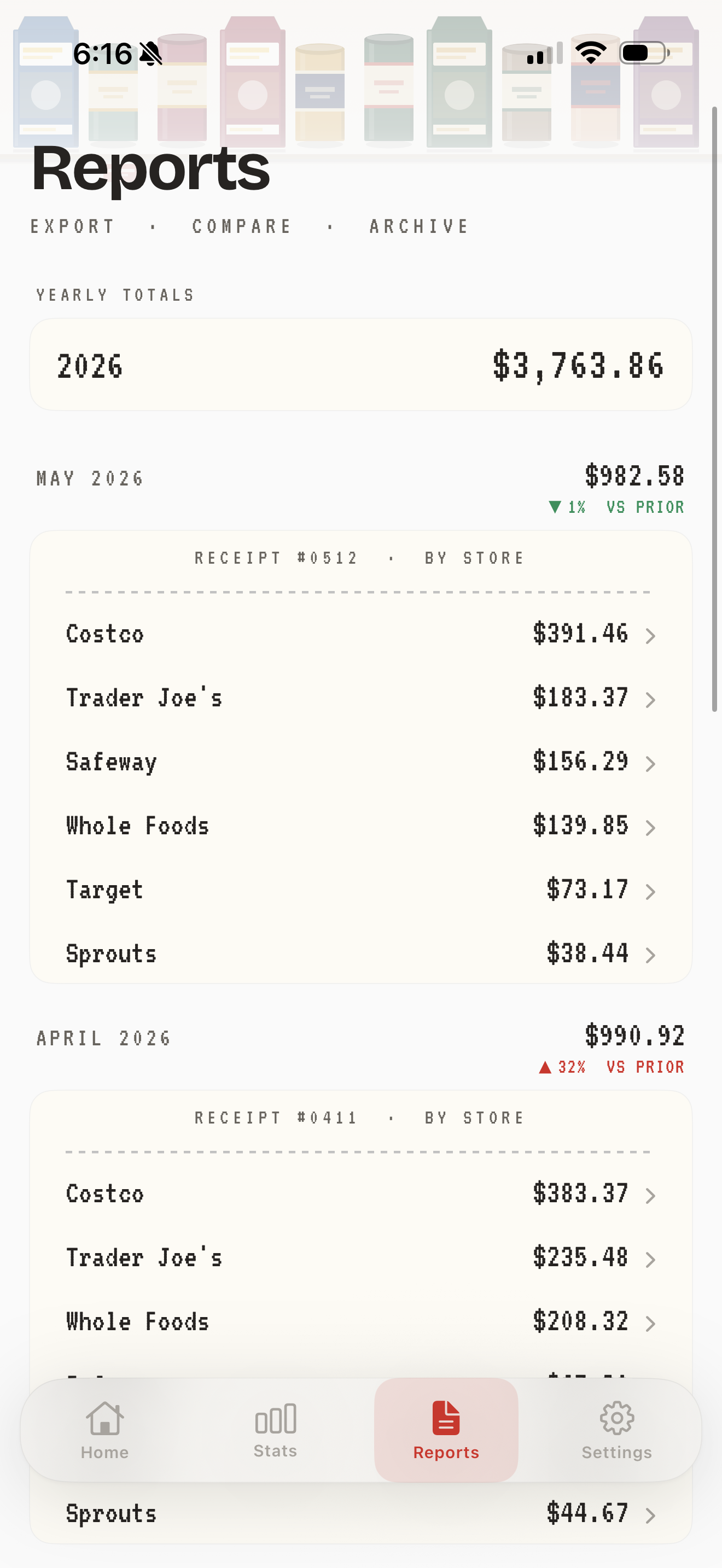 Baguette — reports: yearly totals and a by-store receipt breakdown by month